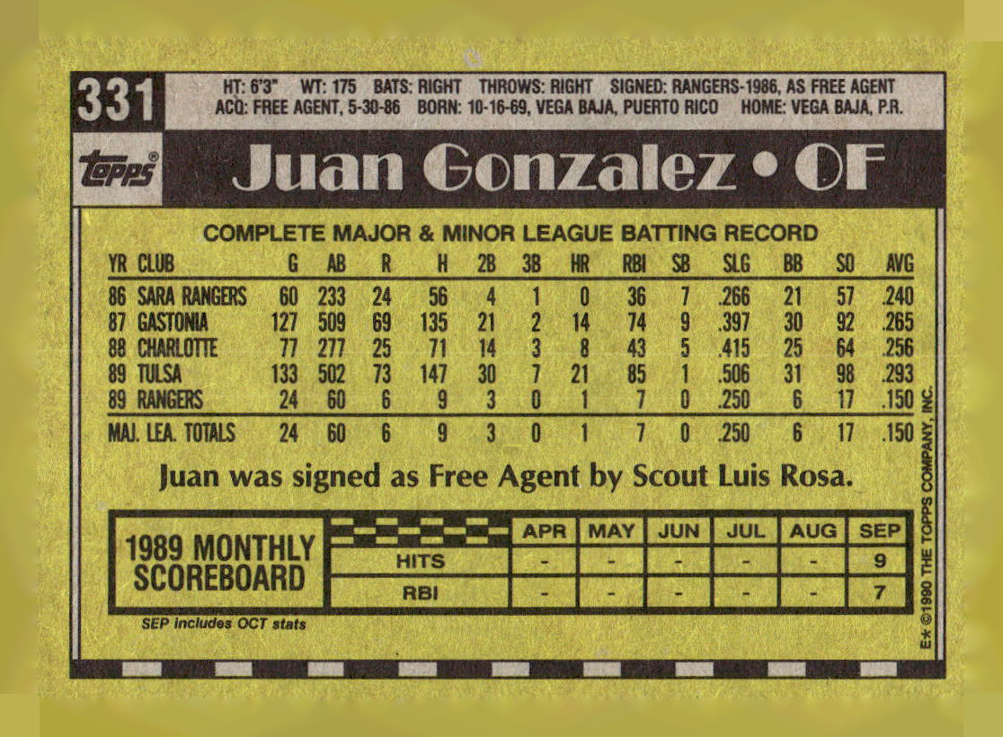1990 Topps #331 Juan Gonzalez