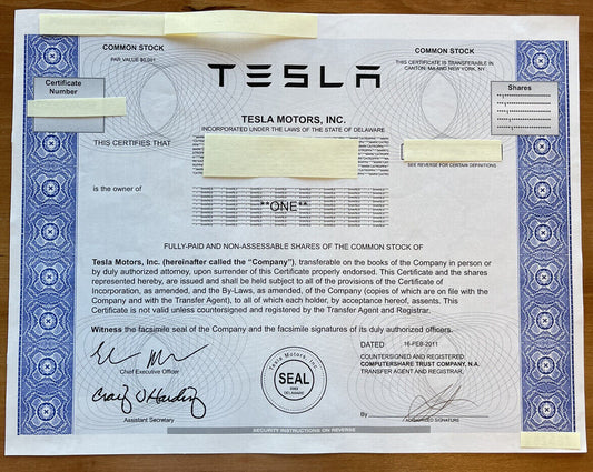 Authentic Tesla Stock Certificate  One Share Pre Split