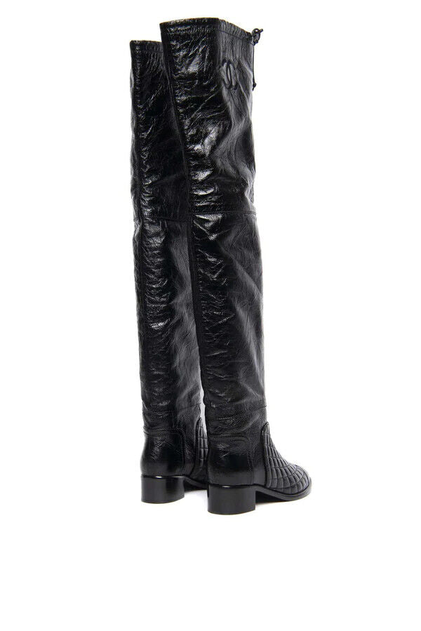 Chanel Boots Leather Black Thigh High Crinkle with box size 37