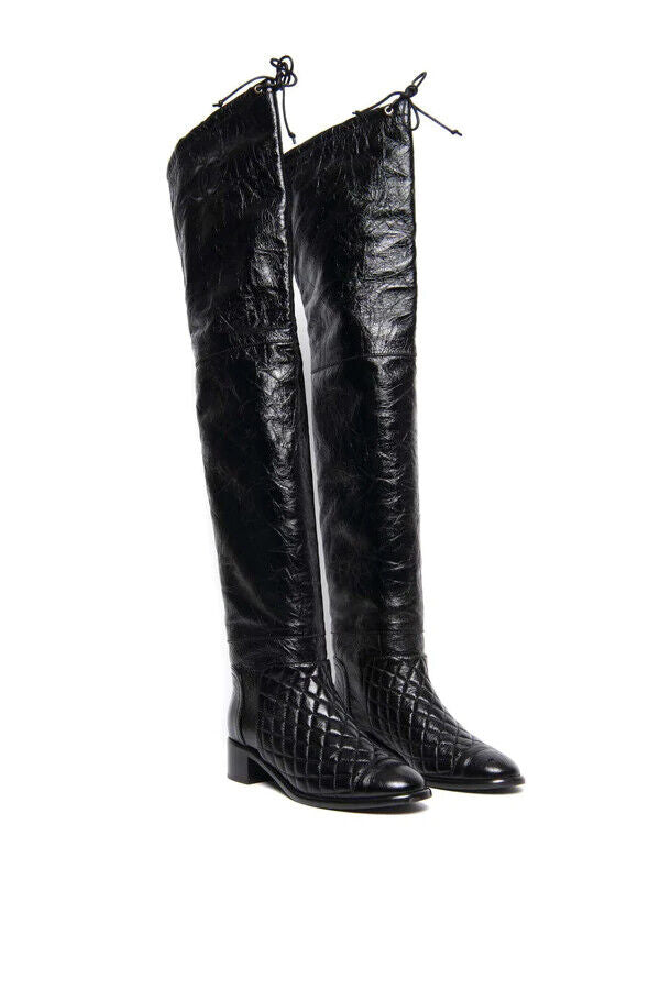 Chanel Boots Leather Black Thigh High Crinkle with box size 37