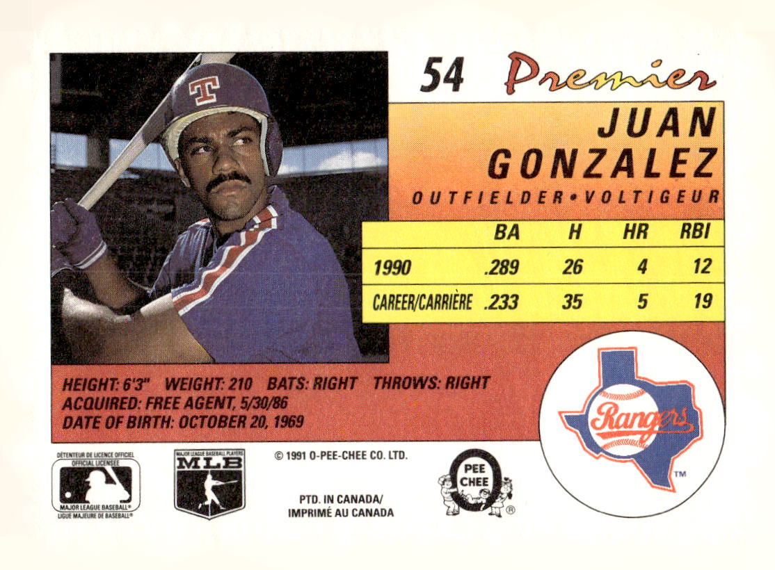 1991 O-Pee-Chee Premier #54 Juan Gonzalez